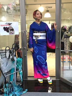 「ブルーコーデ」｜「アイテム（浴衣）」を使った、CHOKOさん（レディース・167cm）の秋コーディネート