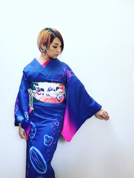 「ブルーコーデ」｜「アイテム（浴衣）」を使った、CHOKOさん（レディース・167cm）の冬コーディネート