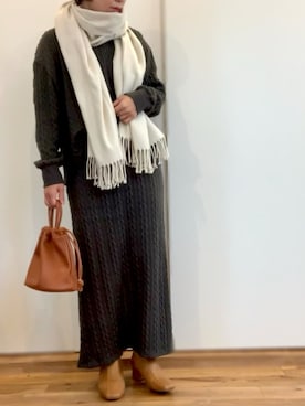 「ケーブルニット」｜「アイテム（ライダースジャケット）」を使った、emiさん（レディース・155cm）の冬コーディネート