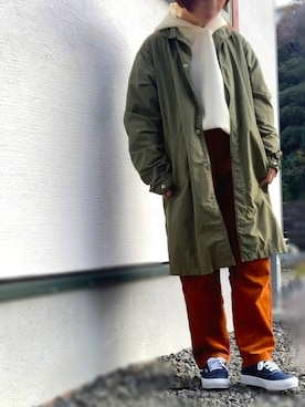 「ノースフェイス」｜「アイテム（ステンカラーコート）」を使った、emiさん（レディース・155cm）の冬コーディネート