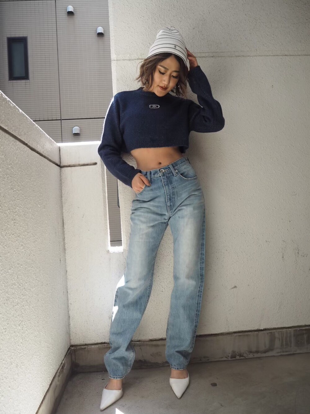 「今日のコーデ、カジュアル、オトナカジュアル、ootd、メンズライク、GYDA」｜「GYDAのアイテム（ニット/セーター、ブルー系）」を使った、numa_gydaさん（レディース・160cm）の夏コーディネートの1枚目の写真