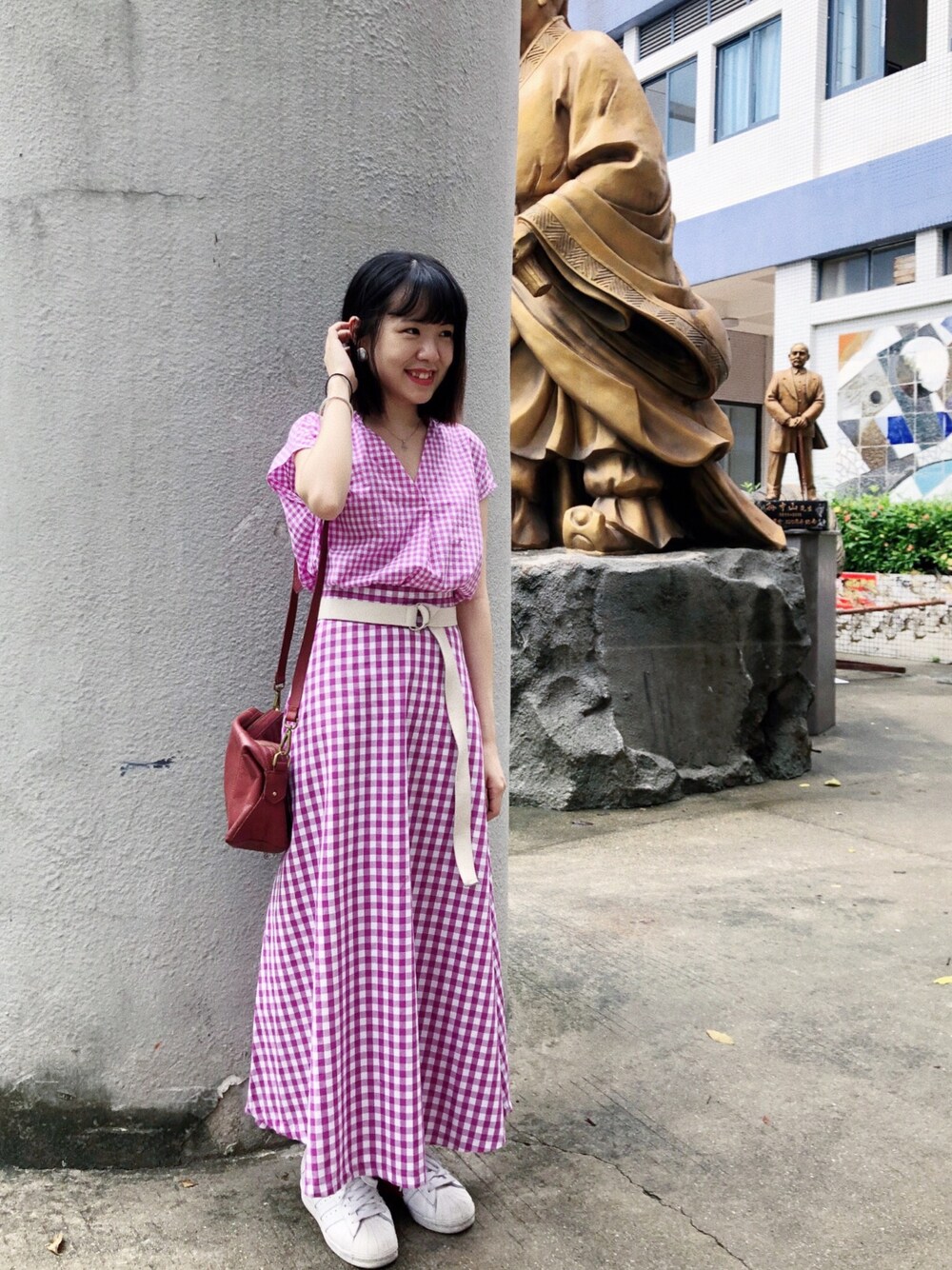 「夏コーデ、GU、格紋、紫」｜「GUのアイテム（シャツ/ブラウス、パープル系）」を使った、shamshamさん（レディース・156cm）の夏コーディネートの1枚目の写真
