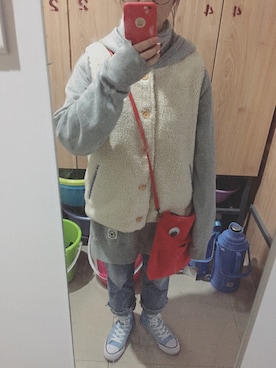 「TYAKASHAの正反两面可穿羊羔毛马夹~（ナイロンジャケット、ホワイト系）」を使った、mango_goさん（レディース・151cm）の冬コーディネート