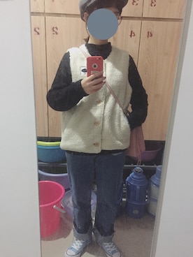 「TYAKASHAの正反两面可穿羊羔毛马夹~（ナイロンジャケット、ホワイト系）」を使った、mango_goさん（レディース・151cm）の冬コーディネート