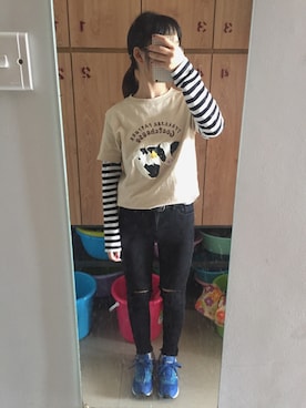 「TYAKASHAのアイテム（Tシャツ/カットソー、ベージュ系）」を使った、mango_goさん（レディース・151cm）の春コーディネート