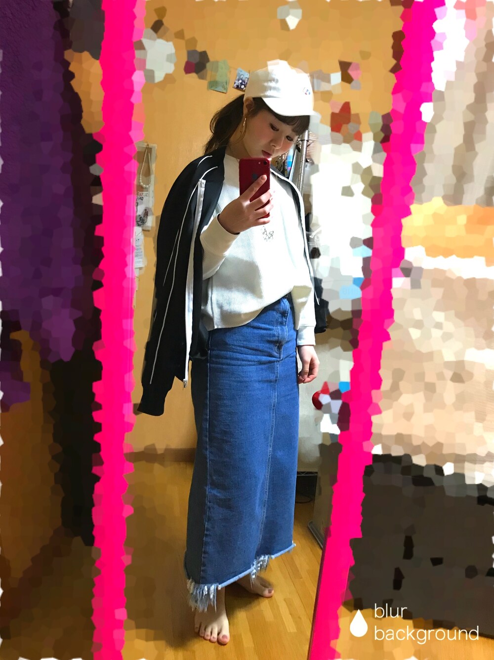 「富山、25歳、プチプラ」｜「coca（coca）の裾カットオフミモレ丈デニムスカート（デニムスカート、ブルー系）」を使った、mariaさん（レディース・151cm）の春コーディネートの1枚目の写真