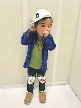 「BRANSHES（ブランシェス）のブロックチェックシャツ（シャツ/ブラウス）」を使った、A Oさん（キッズ・80cm）の秋コーディネート
