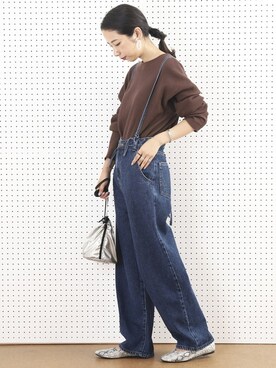 「ワッフルクルーネックＴ」｜「アイテム（オールインワン・サロペット）」を使った、akaneさん（レディース・162cm）の夏コーディネート