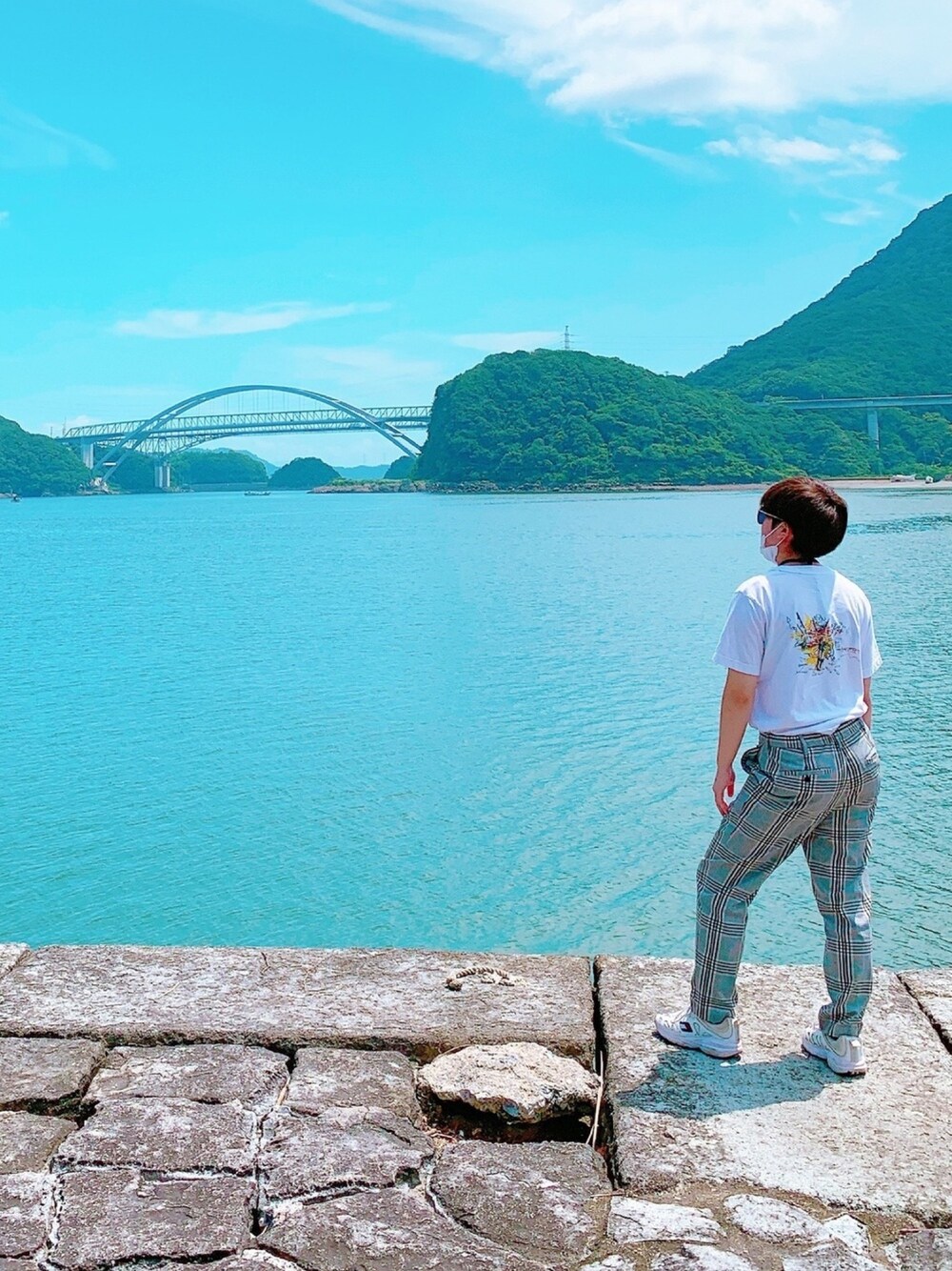 「夏、海、サングラス、UNIQLO、ユニクロ、GU、ジーユー、TOMMY HILFIGER、TOMMY」｜「TOMMY HILFIGERのアイテム（シューズ、ホワイト系）」を使った、りこぴんさん（レディース・153cm）の夏コーディネートの1枚目の写真