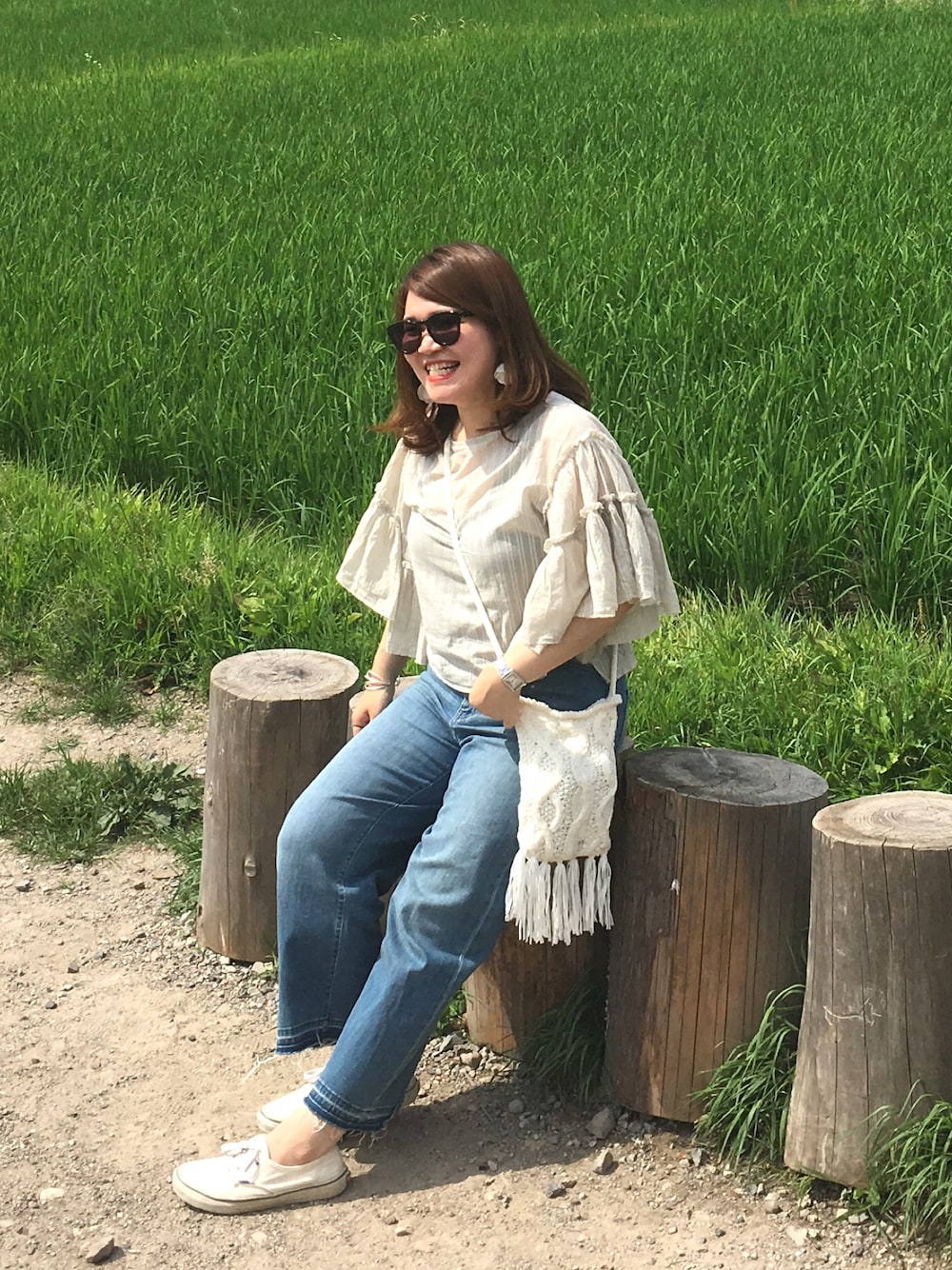 「休日スタイル、ootd」｜「BLANC..の【BLANC..】レトロフォルムサングラス/B0009-e1 SUN（サングラス、グリーン系）」を使った、hidemiさん（レディース・155cm）の夏コーディネートの1枚目の写真
