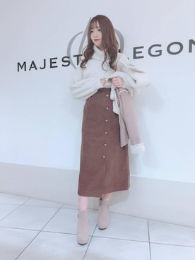 「Iラインスカート」｜「アイテム（ライダースジャケット）」を使った、マジェスティックレゴン天王寺ミオ店スタッフさん（レディース・156cm）の秋コーディネート