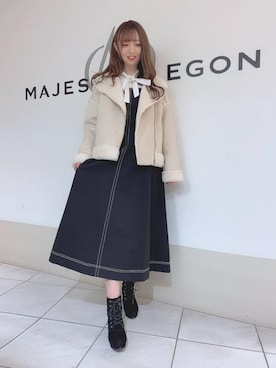 「ボウタイ」｜「アイテム（ライダースジャケット）」を使った、マジェスティックレゴン天王寺ミオ店スタッフさん（レディース・156cm）の秋コーディネート