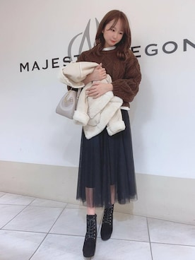 「ケーブルニット」｜「アイテム（ライダースジャケット）」を使った、マジェスティックレゴン天王寺ミオ店スタッフさん（レディース・156cm）の秋コーディネート