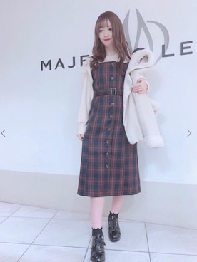 「レッド」｜「アイテム（ライダースジャケット）」を使った、マジェスティックレゴン天王寺ミオ店スタッフさん（レディース・156cm）の冬コーディネート