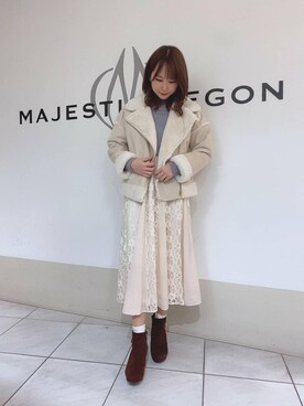 「ラベンダー」｜「アイテム（ライダースジャケット）」を使った、マジェスティックレゴン天王寺ミオ店スタッフさん（レディース・155cm）の冬コーディネート