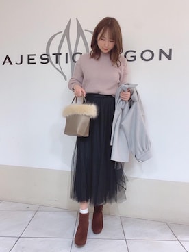 「黒スカート」｜「アイテム（その他アウター）」を使った、マジェスティックレゴン天王寺ミオ店スタッフさん（レディース・155cm）の冬コーディネート