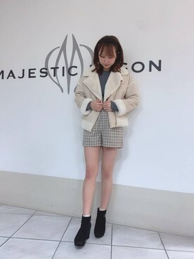 「リブニット」｜「アイテム（ライダースジャケット）」を使った、マジェスティックレゴン天王寺ミオ店スタッフさん（レディース・155cm）の冬コーディネート