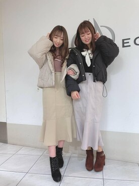 「ボウタイ」｜「アイテム（ダウンジャケット/コート）」を使った、マジェスティックレゴン天王寺ミオ店スタッフさん（レディース・156cm）の冬コーディネート