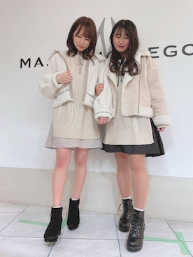 「ケーブルニット」｜「アイテム（ライダースジャケット）」を使った、マジェスティックレゴン天王寺ミオ店スタッフさん（レディース・156cm）の冬コーディネート