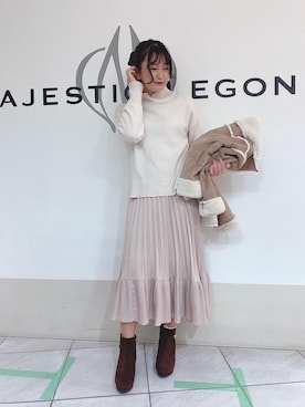 「プリーツ」｜「アイテム（ライダースジャケット）」を使った、マジェスティックレゴン天王寺ミオ店スタッフさん（レディース・156cm）の冬コーディネート