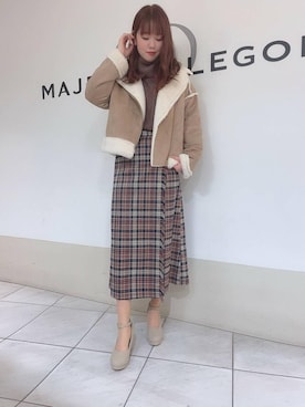 「ケーブルニット」｜「アイテム（ライダースジャケット）」を使った、マジェスティックレゴン天王寺ミオ店スタッフさん（レディース・156cm）の冬コーディネート
