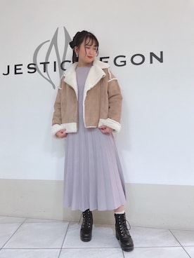 「ラベンダー」｜「アイテム（ライダースジャケット）」を使った、マジェスティックレゴン天王寺ミオ店スタッフさん（レディース・156cm）の冬コーディネート