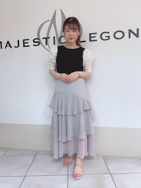 「MAJESTIC LEGON（マジェスティックレゴン）のくしゅくしゅスリーブトップス（Tシャツ/カットソー）」を使った、マジェスティックレゴン天王寺ミオ店スタッフさん（レディース・154cm）の夏コーディネート