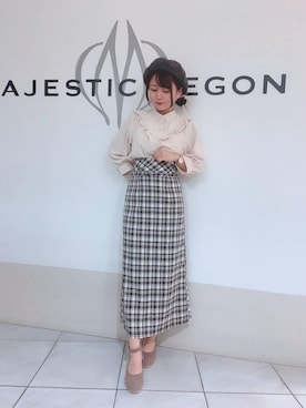 「レースブラウス」｜「アイテム（ハンチング/ベレー帽）」を使った、マジェスティックレゴン天王寺ミオ店スタッフさん（レディース・145cm）の夏コーディネート