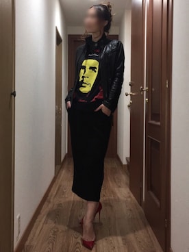 「ロックT」｜「アイテム（ライダースジャケット）」を使った、ももこさん（レディース・168cm）の冬コーディネート