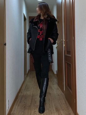 「ロックT」｜「アイテム（ライダースジャケット）」を使った、ももこさん（レディース・168cm）の冬コーディネート