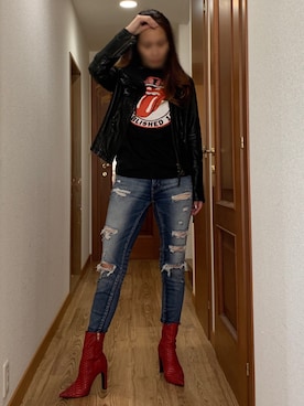 「ロックT」｜「アイテム（ライダースジャケット）」を使った、ももこさん（レディース・168cm）の秋コーディネート
