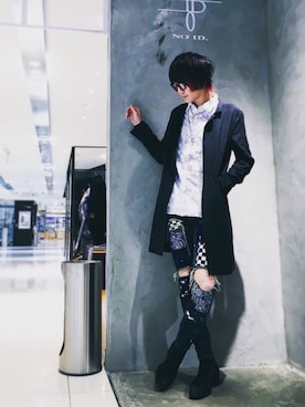 「NO ID.（ノーアイディ）のアイテム（チェスターコート）」を使った、けんけんさん（メンズ・180cm）の秋コーディネート