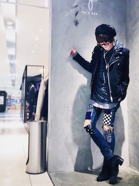 「NO ID.（ノーアイディ）のアイテム（ハンチング/ベレー帽）」を使った、けんけんさん（メンズ・180cm）の秋コーディネート