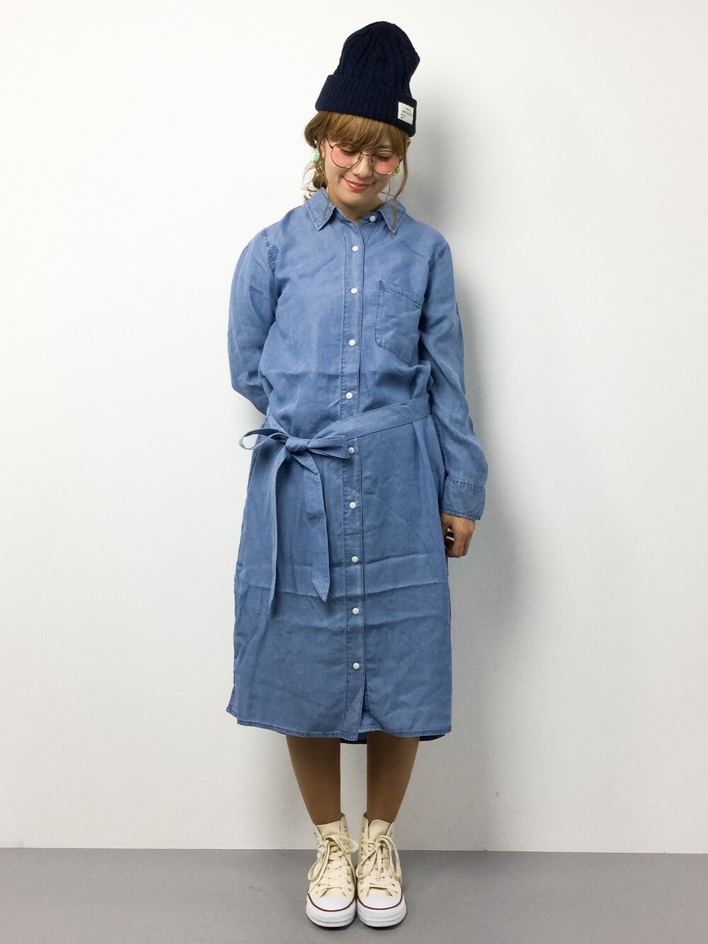 「LAKOLEのテンセルデニムシャツワンピース / LAKOLE（シャツワンピース、ブルー系）」を使った、piya*さん（レディース・154cm）の春コーディネートの1枚目の写真