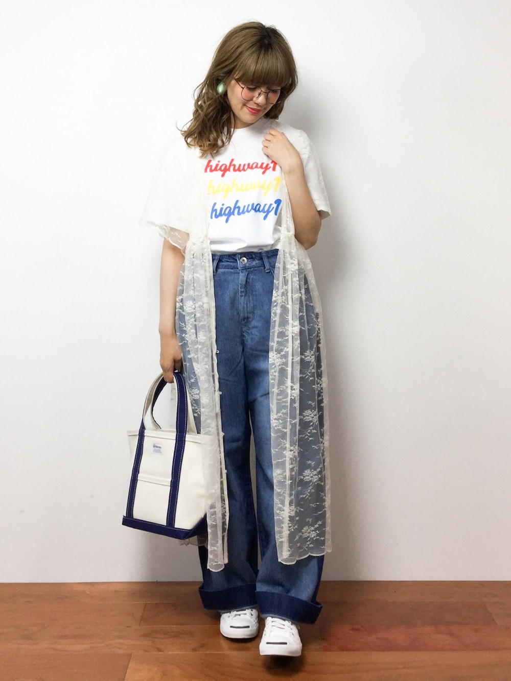 「ワンポイント、プリントT、春夏コーデ、カジュアルガーリー、レースカーディガン、レースガウン」｜「mysty womanのスカラップレースガウンワンピース（ワンピース、ホワイト系）」を使った、piya*さん（レディース・154cm）の夏コーディネートの1枚目の写真