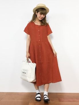 「麦わら帽子」｜「アイテム（シャツワンピース）」を使った、piya*さん（レディース・154cm）の夏コーディネート