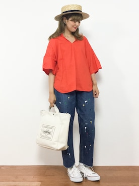「スタンドブラウス」｜piya*さん（レディース・154cm）の夏コーディネート
