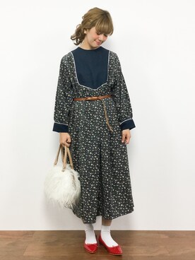「小花柄ワンピース」｜「アイテム（バッグ）」を使った、piya*さん（レディース・154cm）の秋コーディネート