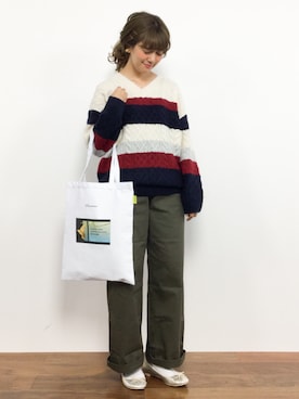 「ケーブルニット」｜「アイテム（チノパンツ）」を使った、piya*さん（レディース・154cm）の秋コーディネート