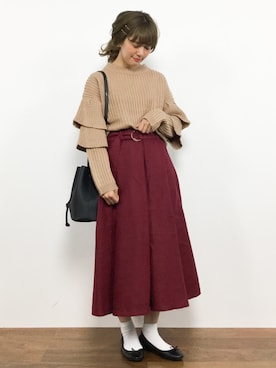 「MERLOT（メルロー）のリブニットティアードフリル袖プルオーバー640-8527（ニット/セーター）」を使った、piya*さん（レディース・154cm）の秋コーディネート
