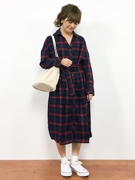「rps（アールピーエス）のアイテム（シャツワンピース）」を使った、piya*さん（レディース・154cm）の秋コーディネート