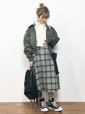 「ミリタリージャケット」｜「アイテム（バックパック/リュック）」を使った、piya*さん（レディース・154cm）の冬コーディネート