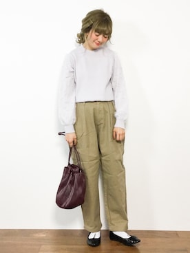 「巾着バッグ」｜「アイテム（チノパンツ）」を使った、piya*さん（レディース・154cm）の冬コーディネート