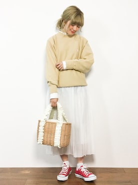 「白スカート」｜「アイテム（スウェット）」を使った、piya*さん（レディース・154cm）の春コーディネート