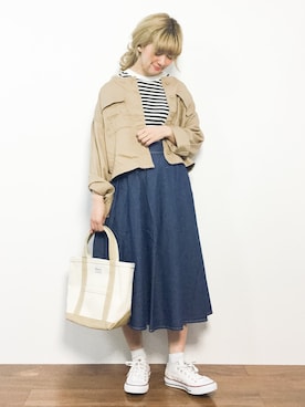 「earth music&ecology（アースミュージックアンドエコロジー）のアイテム（ブルゾン）」を使った、piya*さん（レディース・154cm）の春コーディネート