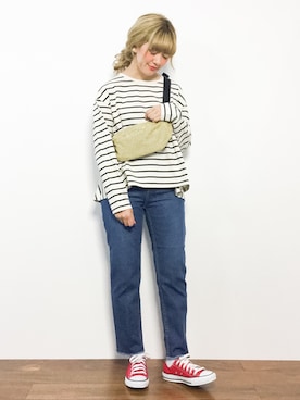 「Mila Owen（ミラオーウェン）のカットオフストレートデニム（デニムパンツ）」を使った、piya*さん（レディース・154cm）の春コーディネート