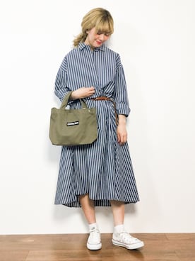 「カーキ」｜「アイテム（シャツワンピース）」を使った、piya*さん（レディース・154cm）の春コーディネート