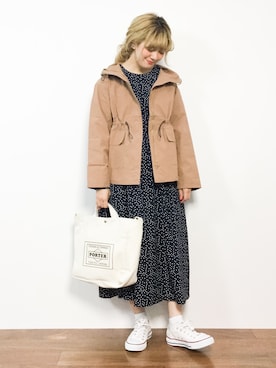 「ドットワンピ」｜「アイテム（ブルゾン）」を使った、piya*さん（レディース・154cm）の春コーディネート