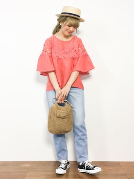 「MERLOT（メルロー）のアイテム（デニムパンツ）」を使った、piya*さん（レディース・154cm）の春コーディネート