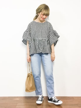 「MERLOT（メルロー）のアイテム（デニムパンツ）」を使った、piya*さん（レディース・154cm）の春コーディネート